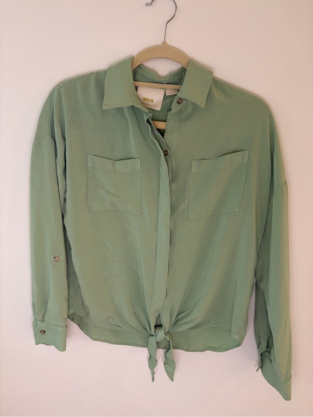 Anthropologie Sage Green Tie-Front Button Down Shirt